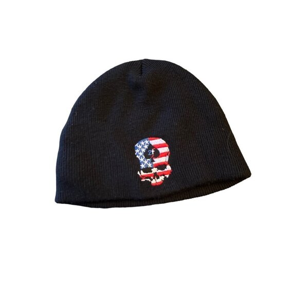 Black Knit Skull Cap Stocking Hat Stars and Stripes Skull One Size - Picture 1 of 4
